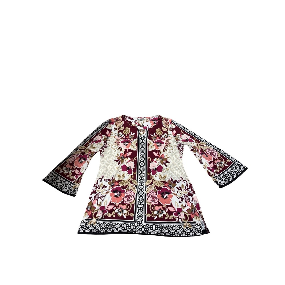 JM Collection Womens Burgundy Floral Rhinestone Keyhole Bell Sleeve Tunic Top M